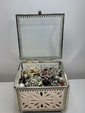 Glass & Ceramic Trinket Box Filled With Jewelry